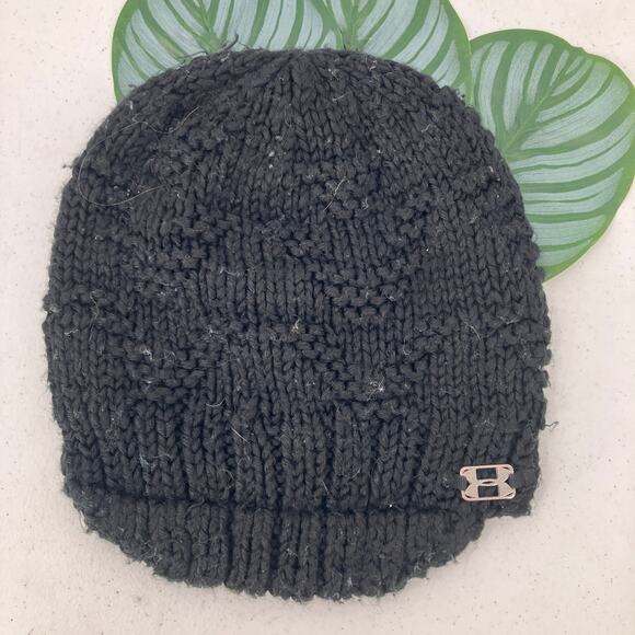Under Armour Black Gray Metal Logo Knit Lined Pull On Stretch Winter Beanie Hat - Picture 1 of 8